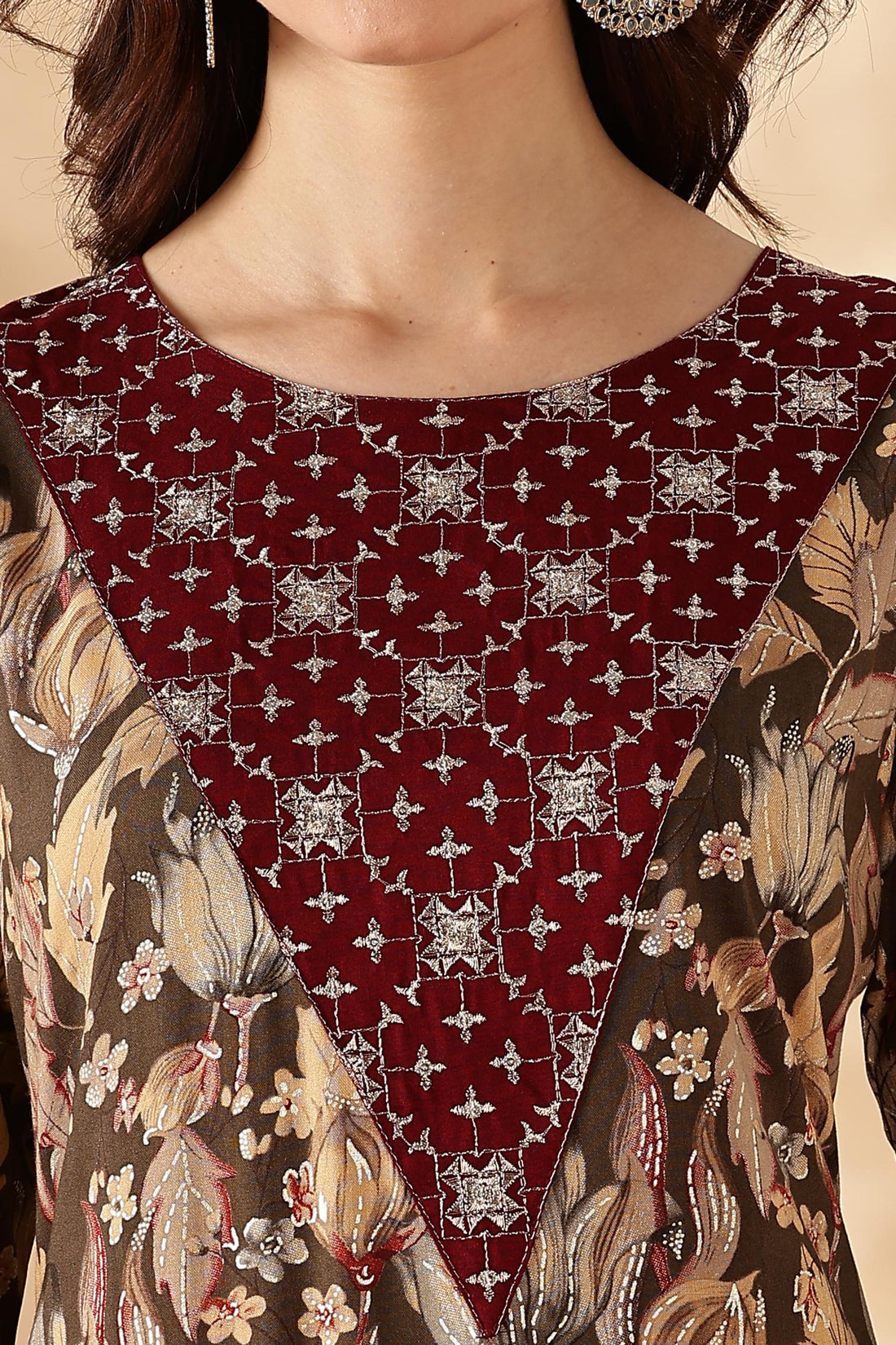 Areba Wine & Teal Printed Salwar Suit with Intricate Zari Lattice Hand Embroidery Neck Panel in Viscose
