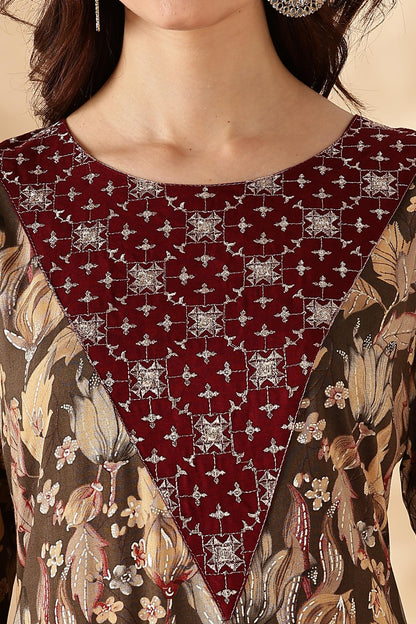 Areba Wine & Teal Printed Salwar Suit with Intricate Zari Lattice Hand Embroidery Neck Panel in Viscose