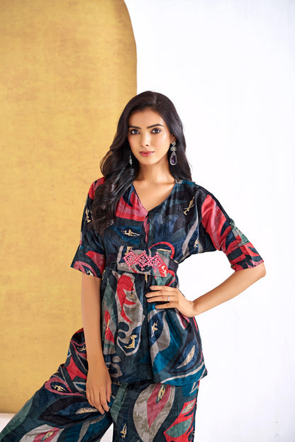 Kalki Blue Modal Chanderi Co-Ord Set with Hand Embellished Mirror and Bugle Bead Detailing