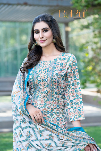 Pure Cotton Green-Blue Printed Kurta Set with Subtle Sequin Detail & Dupatta