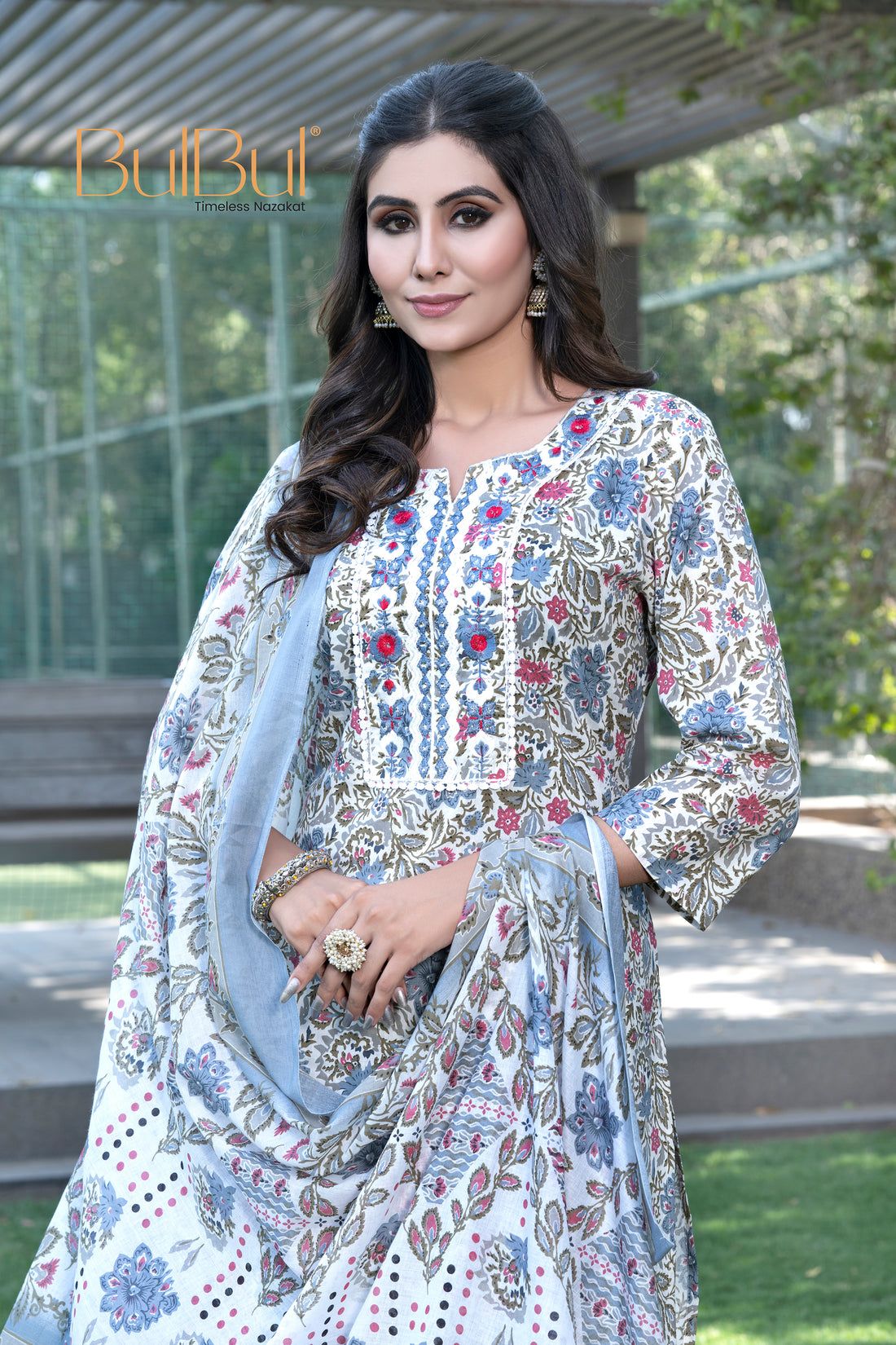 Pure Cotton Grey Printed Kurta Set with Intricate Thread Embroidery & Mirror Work Neckline with Dupatta