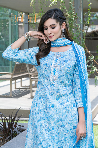 Pure Cotton Blue Floral Printed Kurta Set with Silver Zari Thread & Sequin Embroidered Placket