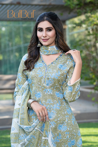 Pure Cotton Fashionista Green Printed Kurta Set with Thread & Mirror Work