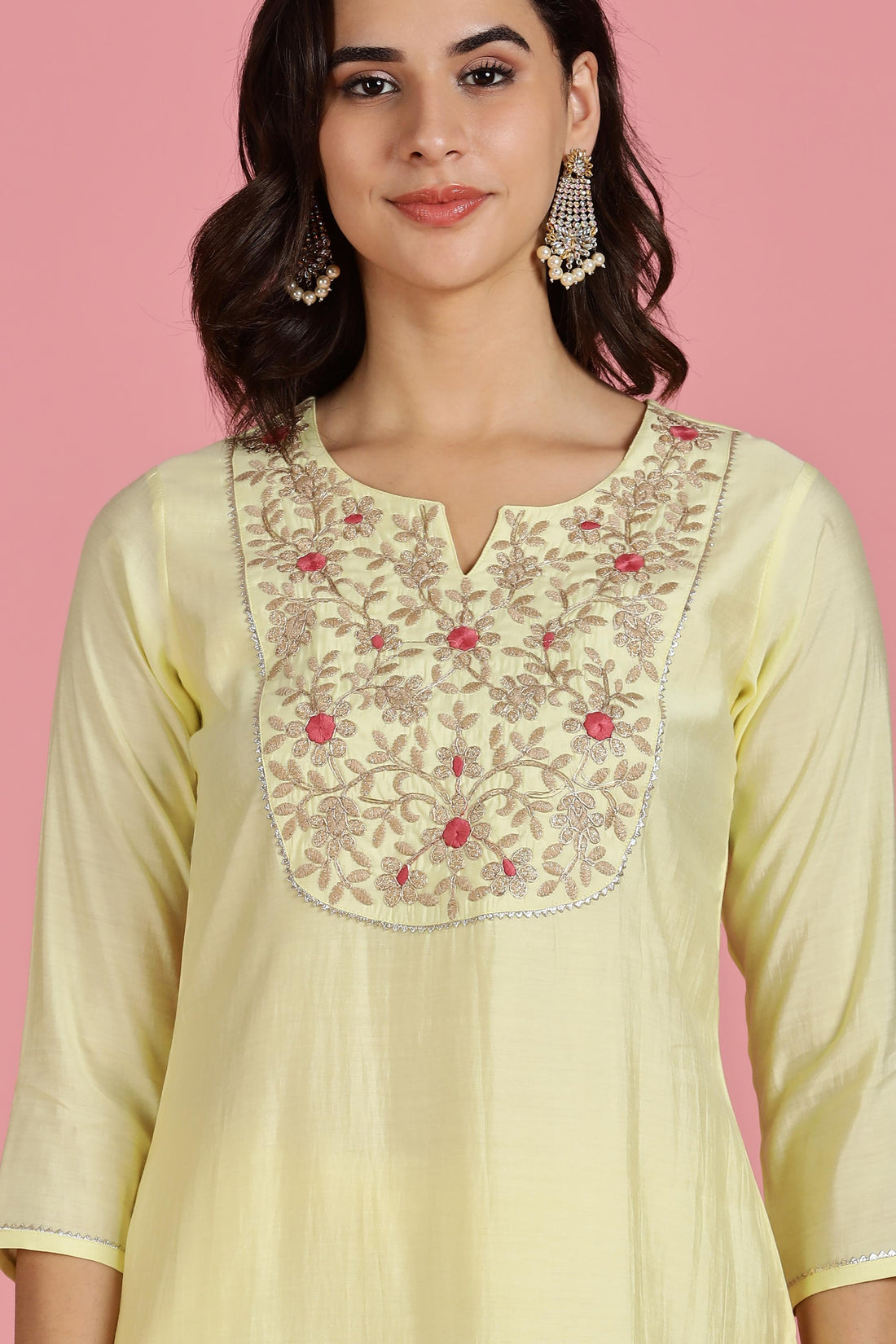 Butter Yellow Chanderi Silk Kurta Set with Resham Zari Floral Embroidered Yoke and Printed Organza Dupatta