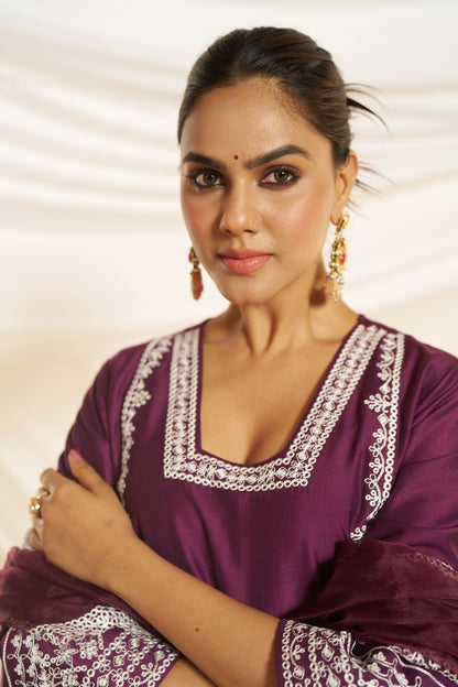Kayra Wine Hand Aari Embroidered A-Line Suit Set in Chinnon Silk with Pure Cotton Mul Lining