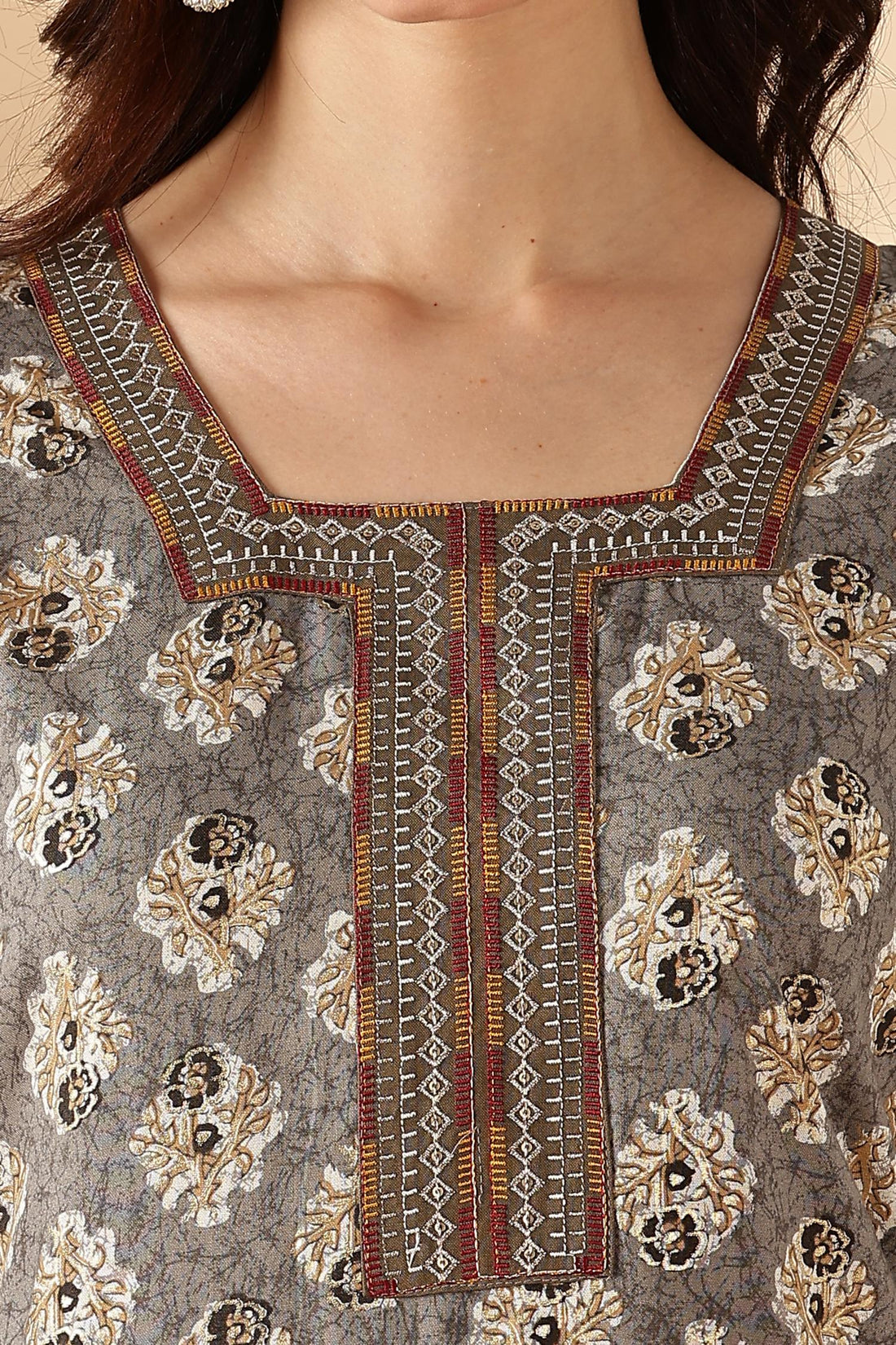 Shamaira Grey Ethnic Printed Salwar Suit with Thread Embroidered Neck Panel in Viscose