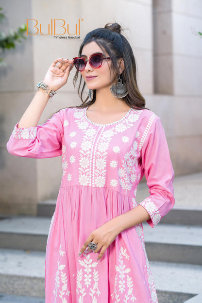 Arushi Blush Pink Embroidered Viscose Kurta Set with Lucknowi Inspired Floral Jaal Work