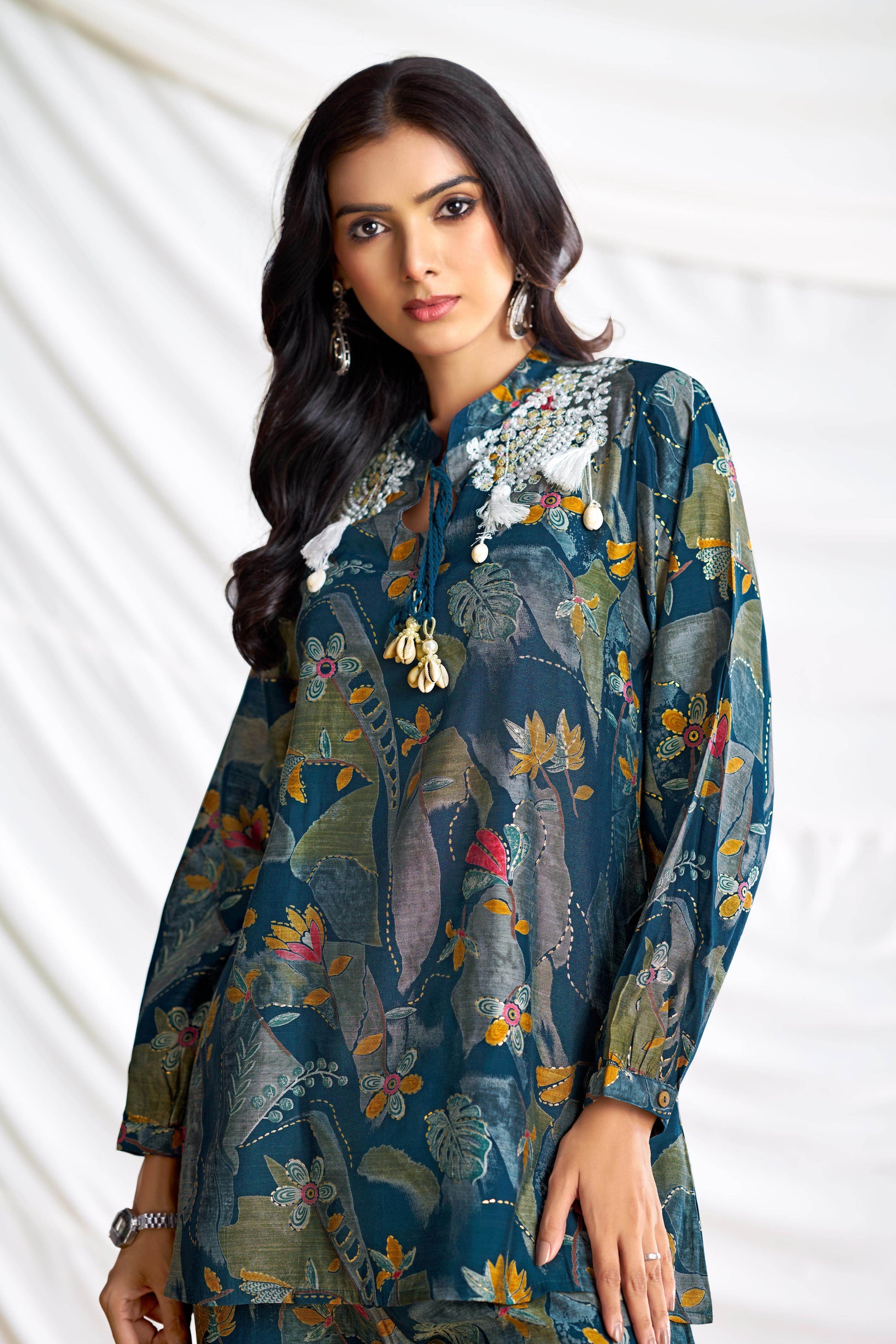 Nilisha Teal Chanderi Co-Ord Set - BulBul