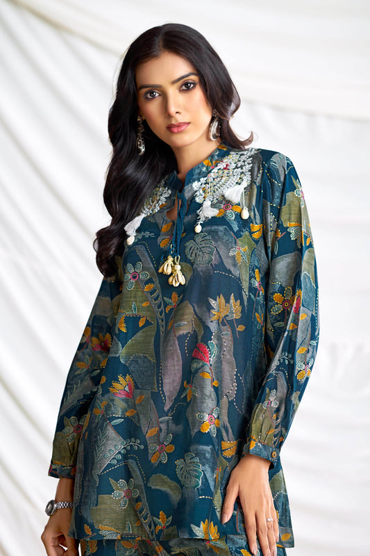 Nilisha Teal Chanderi Co-Ord Set - BulBul