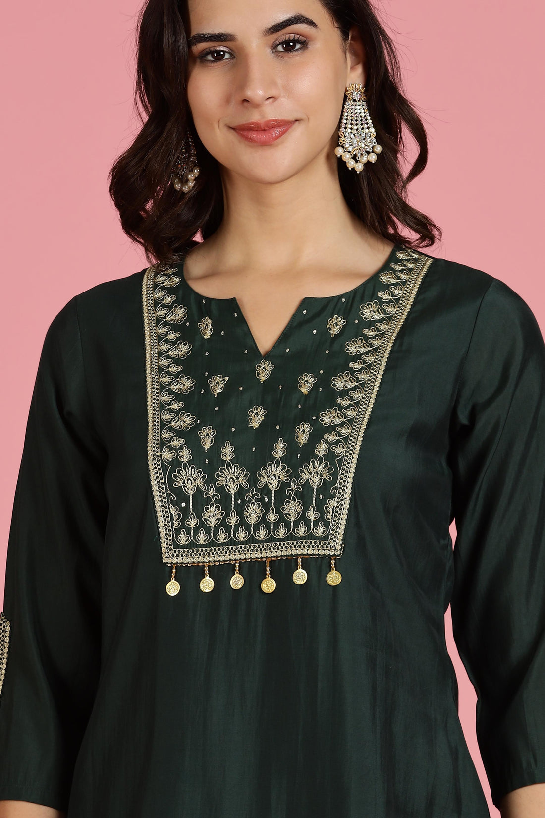 Dark Green Solid Chanderi Silk Kurta Set with Zari Thread Embroidered Yoke and Coin Embellishment Detailing