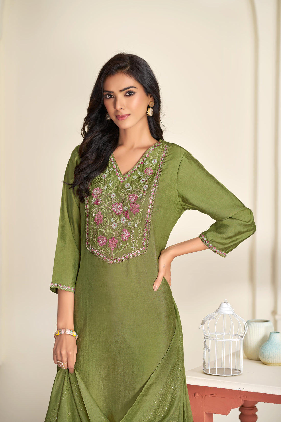 Preksha Olive Green Multi-Color Floral Embroidered Kurta Set with Hand Sequin Work & Sequin Dupatta in Chanderi Silk with Cotton Mul Lining
