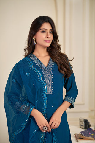 Ragini Teal Resham Thread & Sequin Embroidered Kurta Set with Sequin Dupatta in Chanderi Silk with Cotton Mul Lining