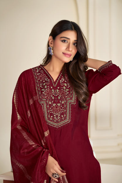 Ruhani Maroon & Gold Floral Zari Mirror Work Embroidered Yoke Kurta Set with Dupatta in Chanderi Silk with Cotton Mul Lining