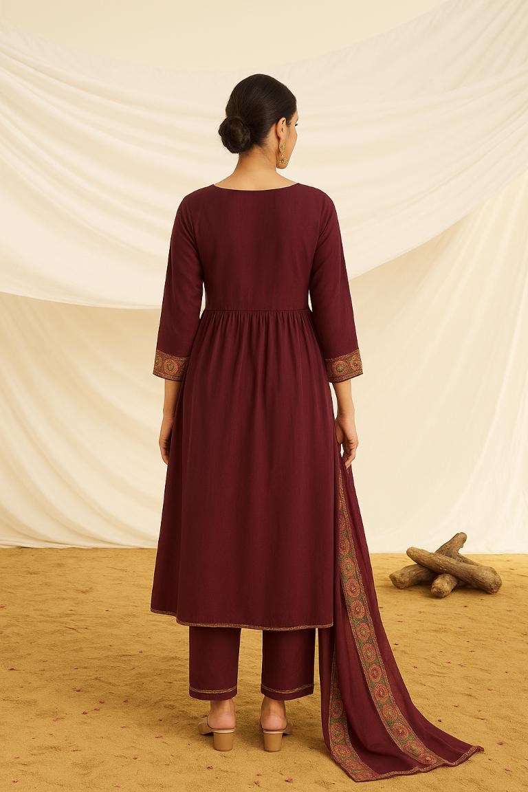 BulBul Women Wine Embroidered Premium Silk Angrakha Pattern Flare Suit With Dupatta