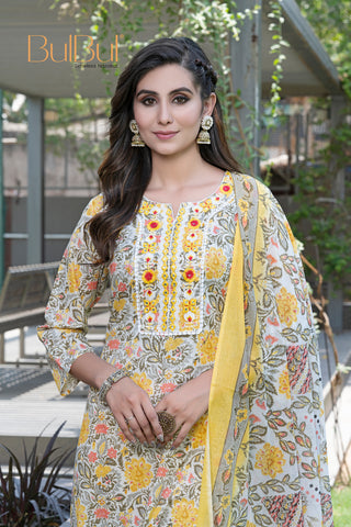 Pure Cotton Mustard Printed Kurta Set with Intricate Thread Embroidery & Mirror Work Neckline with Dupatta