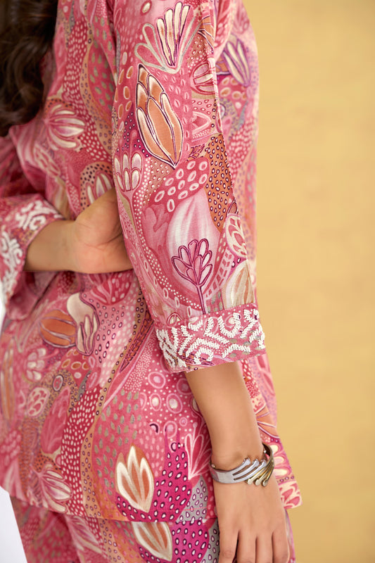 Modal Chanderi Saumya Rust Printed Co-Ord Set with Hand Beaded Placket and Sleeve Detailing