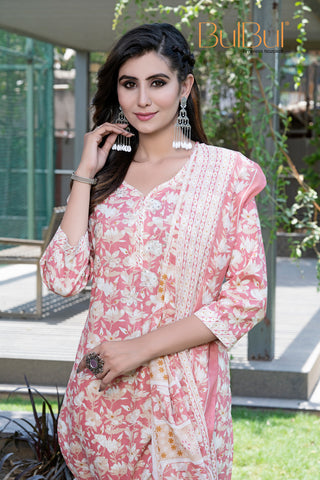 Pure Cotton Red Printed Kurta Set with Floral Sequin Highlights & Dupatta