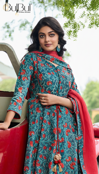 Anupama Blue Floral Printed Pure Cotton Kurta Set with Thread Embroidery and Handcrafted Sequin Work with Dupatta