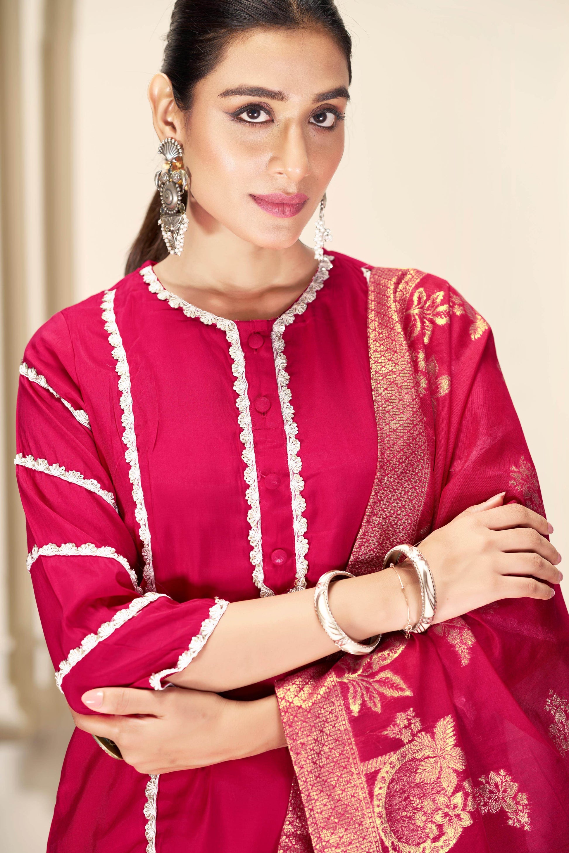 Almina Red Silk Kurta Set with Dupatta - BulBul