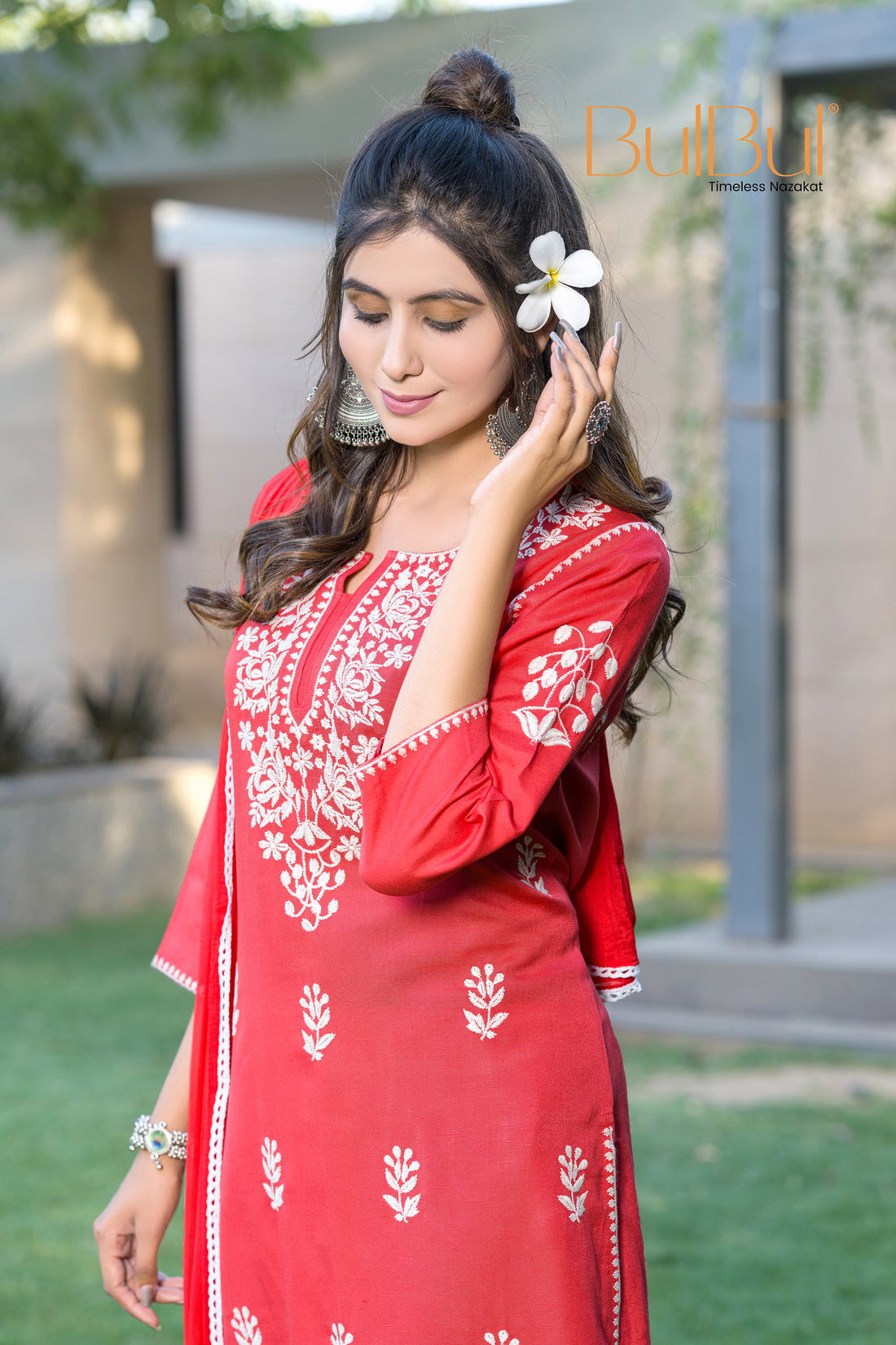 Akshyani Rust Embroidered Viscose Kurta Set with Intricate White Chikankari Style Detailing and Dupatta