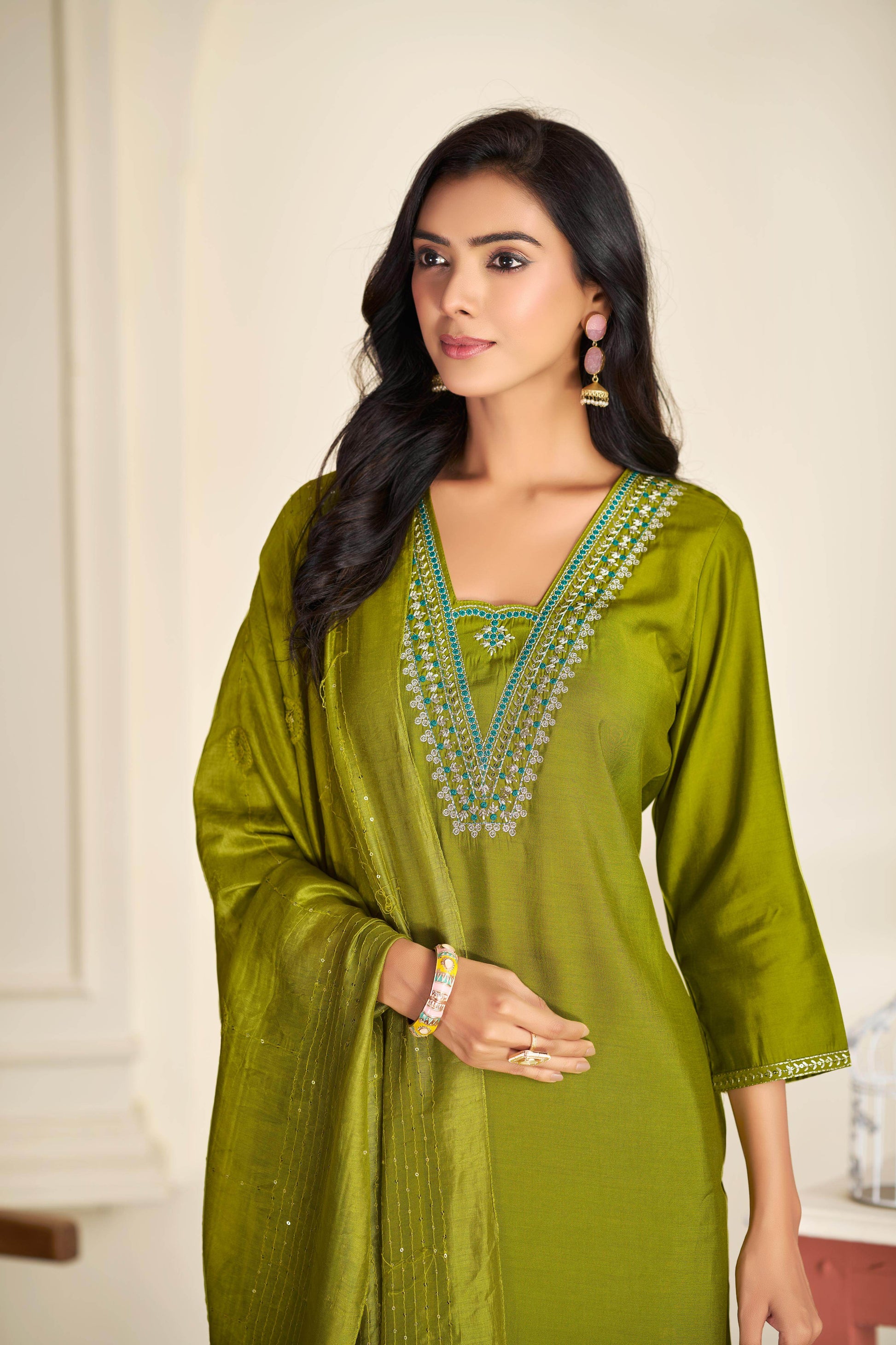 Tapasya Silk Green Kurta Set with Dupatta - BulBul