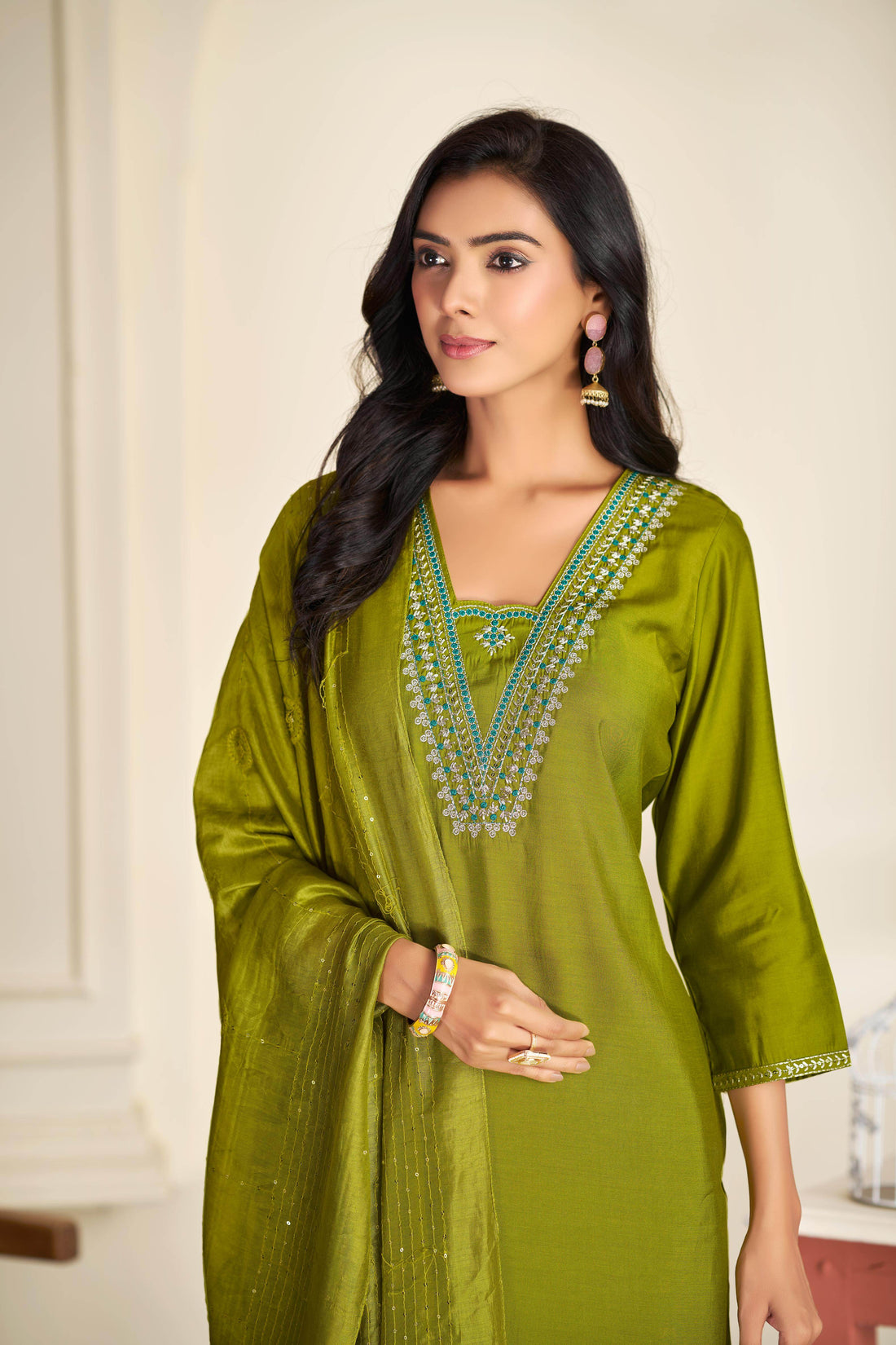 Tapasya Silk Green Kurta Set with Dupatta - BulBul