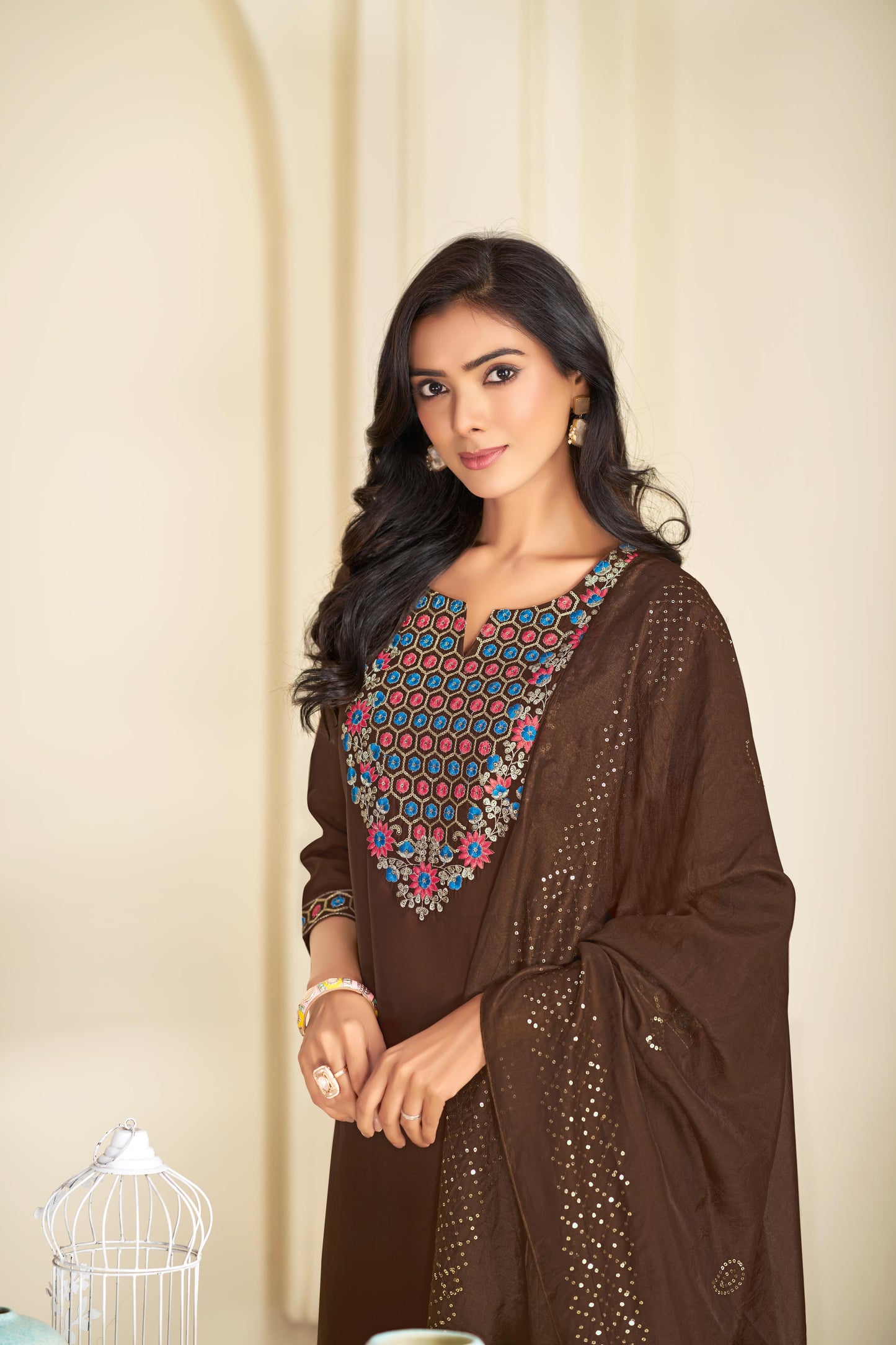 BulBul Samira Brown Embroidered Roman Silk  Salwar Suit