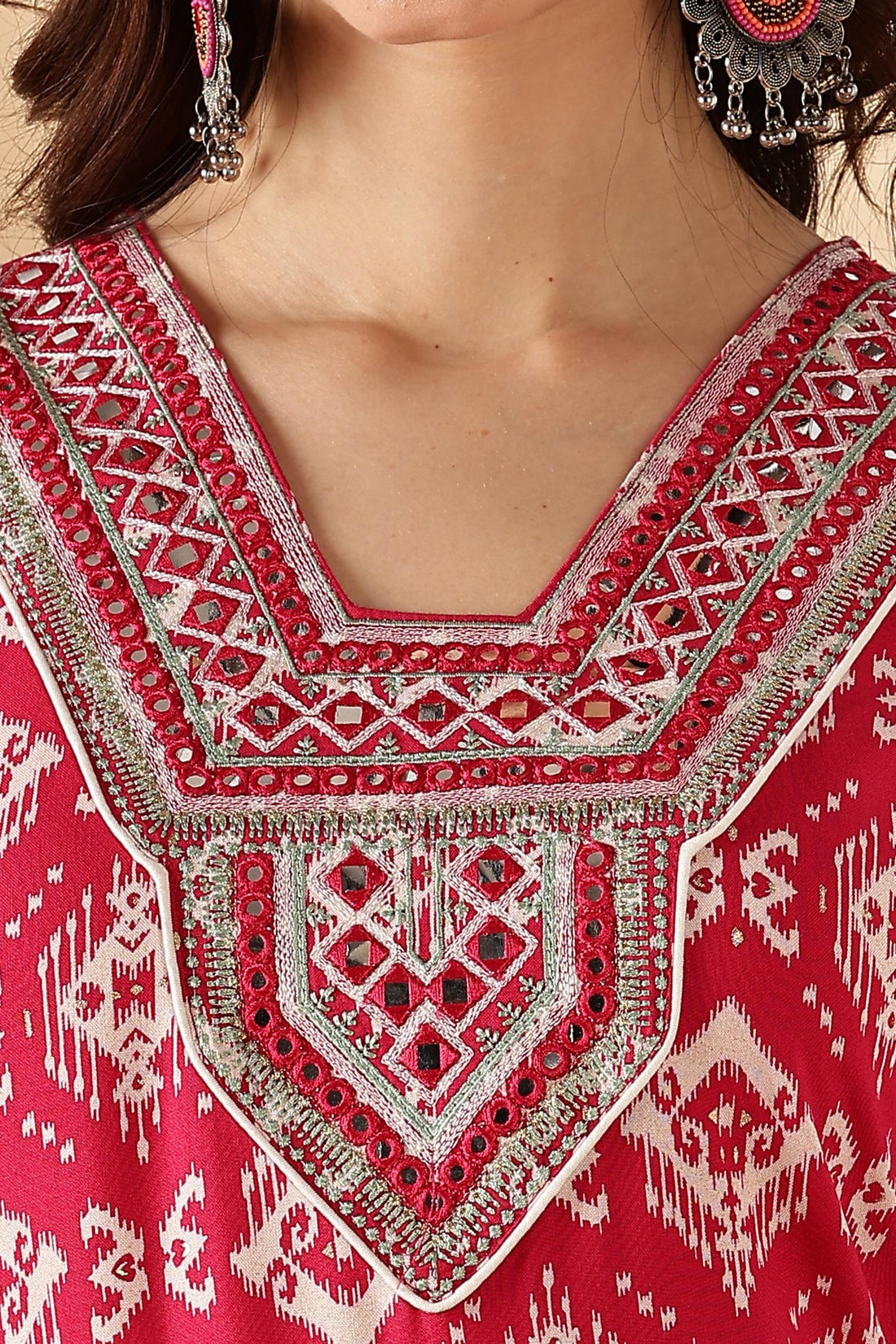 Sagarika Printed Red & Off White Salwar Suit with Hand Embroidered Mirror Work Neckline in Viscose
