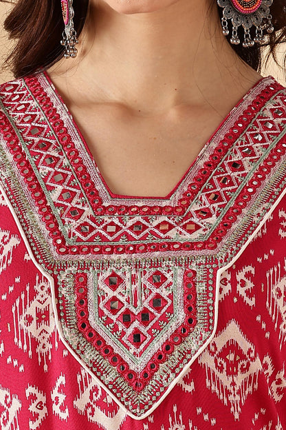Sagarika Printed Red & Off White Salwar Suit with Hand Embroidered Mirror Work Neckline in Viscose