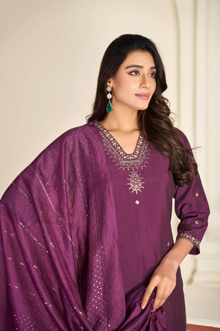Nakshatra Purple Silk Kurta Set with Dupatta - BulBul