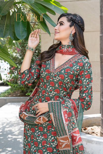 Pure Cotton Fashionista Green Floral Printed Kurta Set with Contrast Thread-Detailed V-Neck and Dupatta