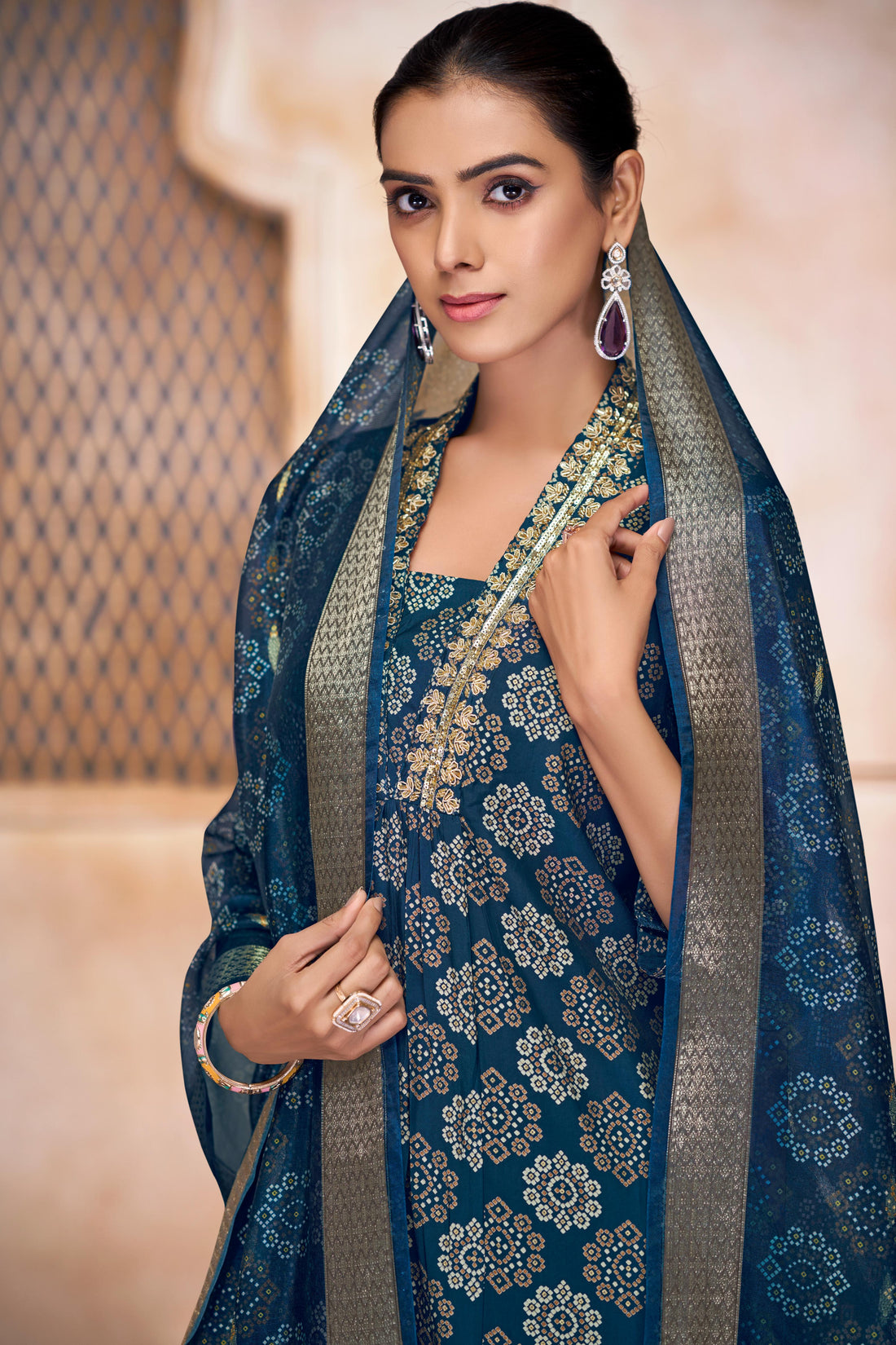 Rashmi Blue Ethnic Motif Print Hand Embellished, Sequins and Bugle Bead Work Suit Set in Chanderi Silk with Pure Cotton Mul Lining
