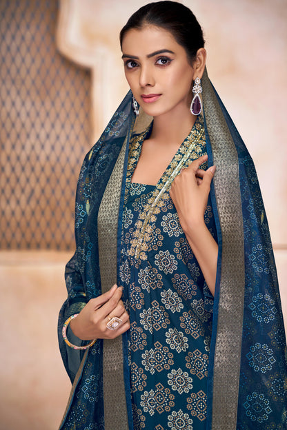 Rashmi Blue Ethnic Motif Print Hand Embellished, Sequins and Bugle Bead Work Suit Set in Chanderi Silk with Pure Cotton Mul Lining