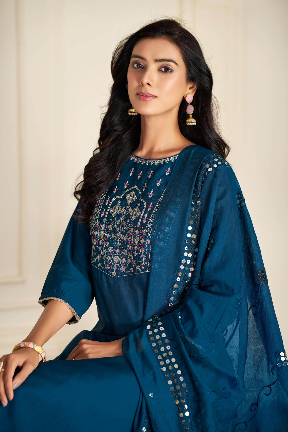 Prachi Silk Teal Kurta Set with Dupatta - BulBul
