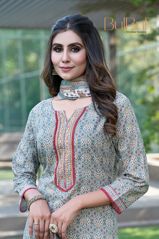 Pure Cotton Fashionista Grey Printed Kurta Set with Thread Embroidery, Mirror & Sequin Detailed Neck Panel and Dupatta