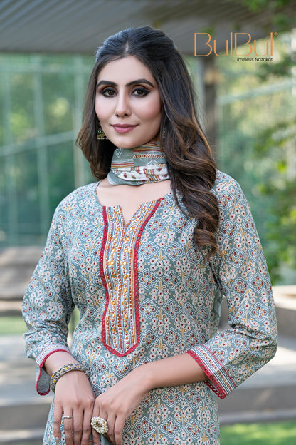 Pure Cotton Fashionista Grey Printed Kurta Set with Thread Embroidery, Mirror & Sequin Detailed Neck Panel and Dupatta