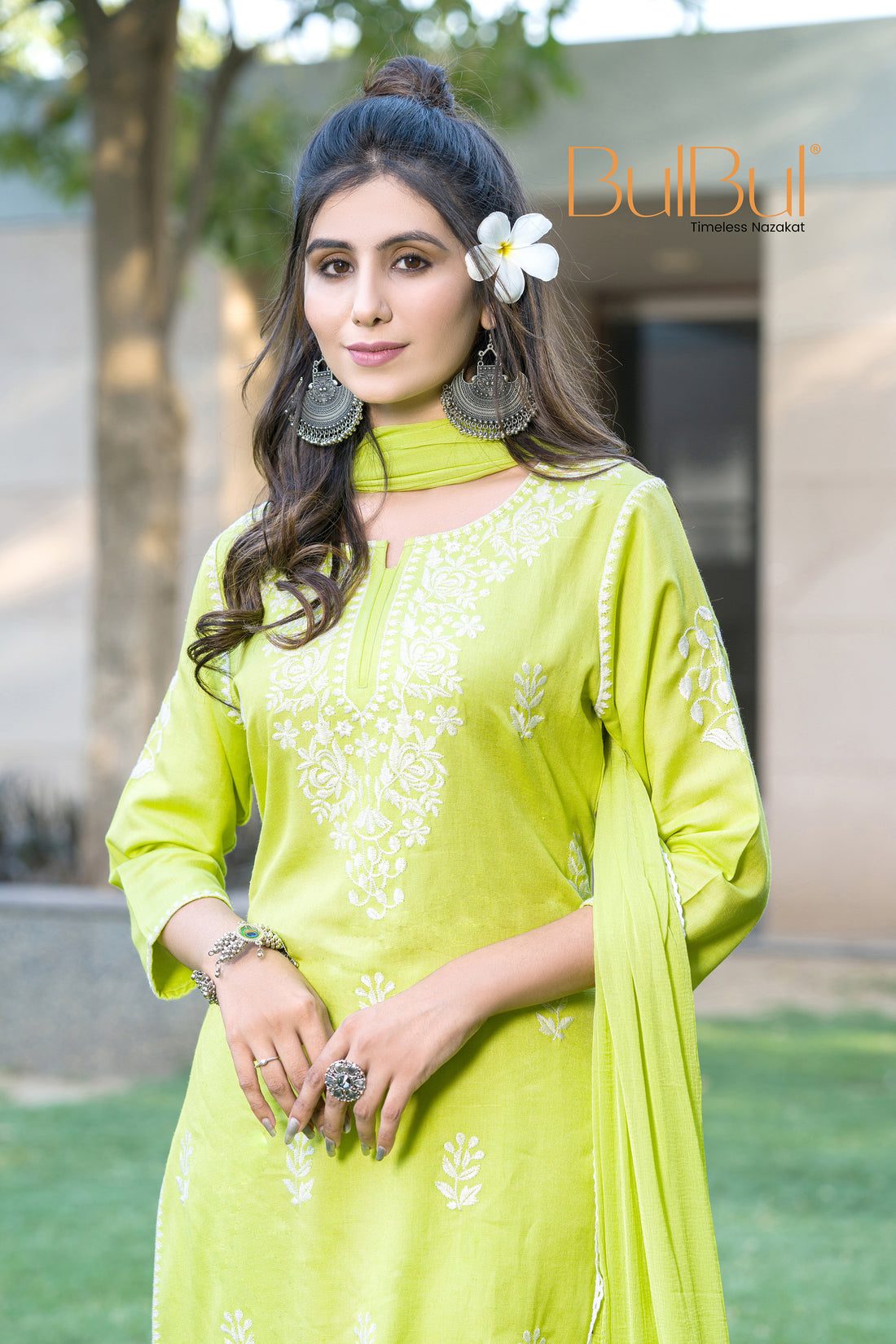 Akshyani Green Embroidered Viscose Kurta Set with Intricate White Chikankari Style Detailing and Dupatta