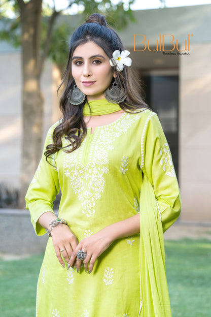 Akshyani Green Embroidered Viscose Kurta Set with Intricate White Chikankari Style Detailing and Dupatta