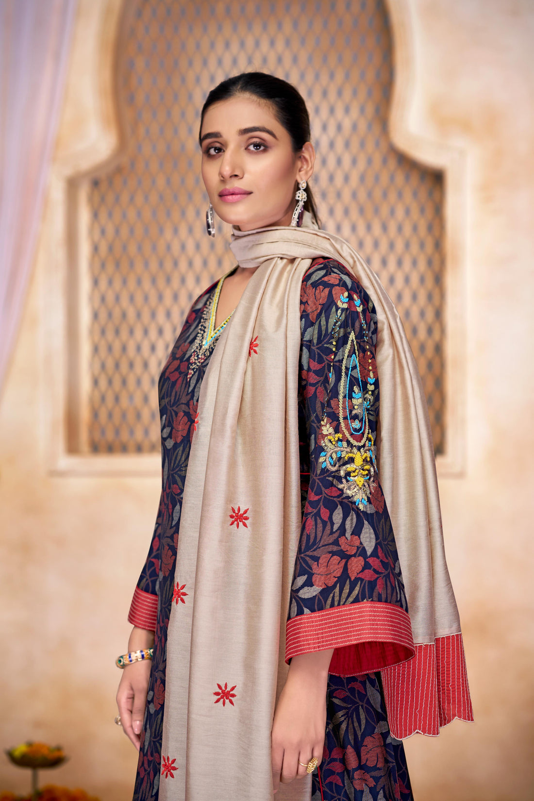 Rashmi Navy Multi-Color Hand Embroidered & Hand Embellished Suit Set with Zari, Dabka, Bead and Sequins Work in Chanderi Silk with Pure Cotton Mul Lining