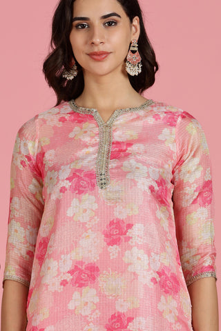Blush Pink Floral Kota Doriya Kurta Set with Zari & Sequin Hand Embellished Neckline and Cotton Mul Lining