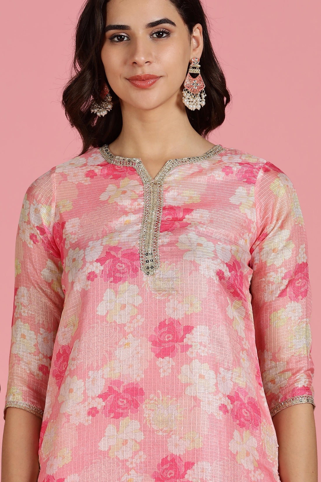 Blush Pink Floral Kota Doriya Kurta Set with Zari & Sequin Hand Embellished Neckline and Cotton Mul Lining