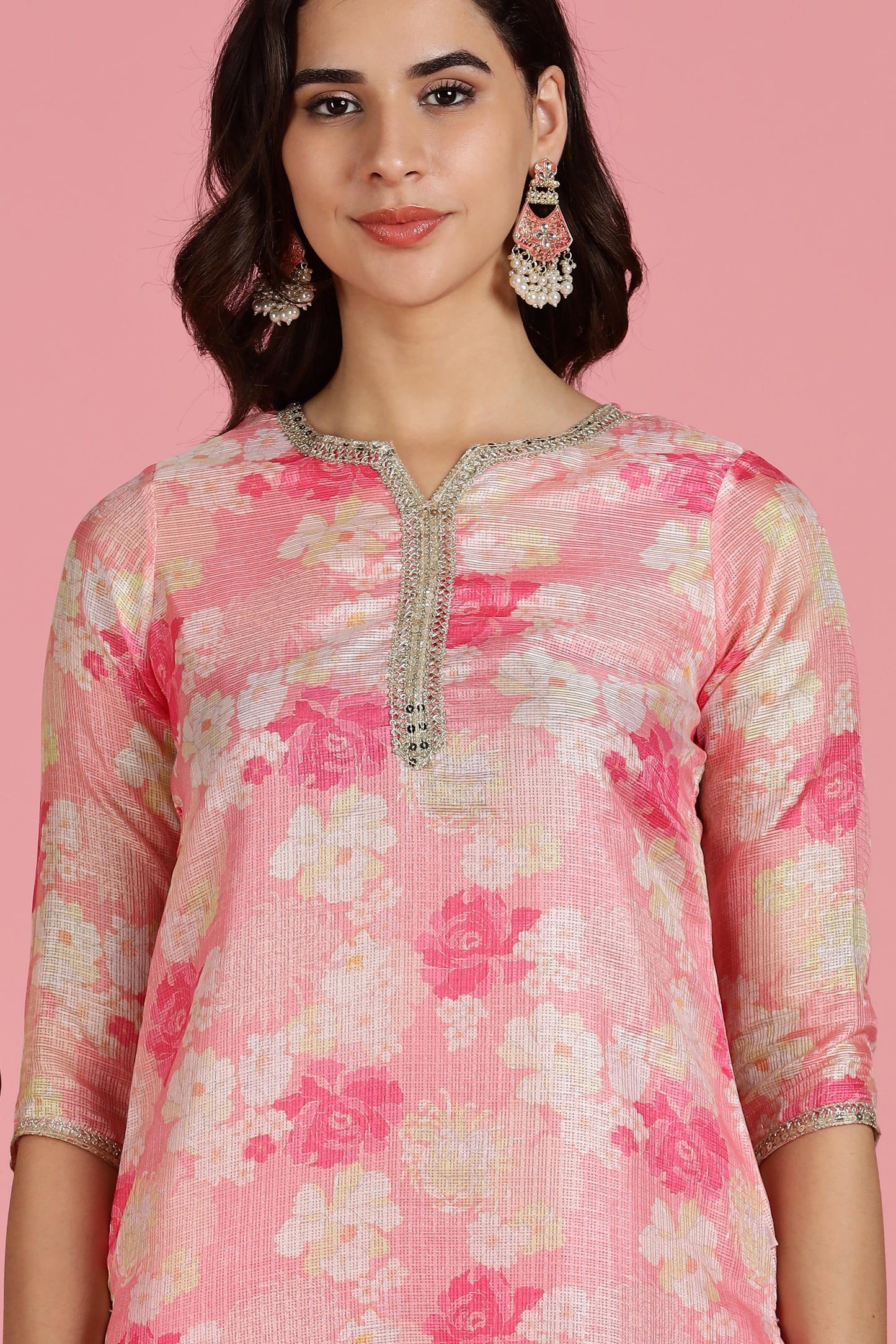 Women Pink Floral Printed Kota Doriya Kurta Set