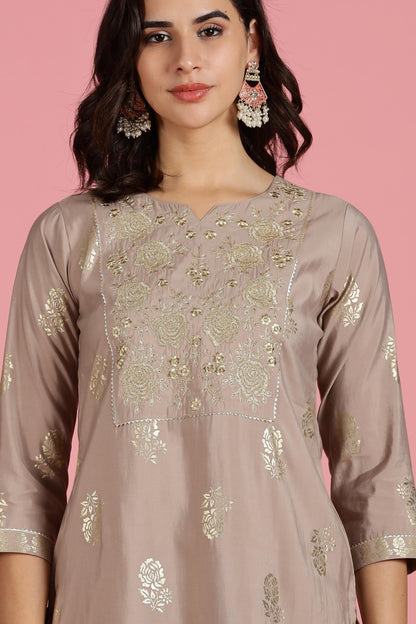 Mocha Mousse Chanderi Silk Kurta Set with Zari Resham Embroidered Yoke and Gold Foil Floral Print with Dupatta