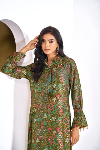 Pratiksha Olive Printed Modal Chanderi Co-Ord Set with Hand Embellished Mirror Placket and Pearl Drop Latkan Detailing