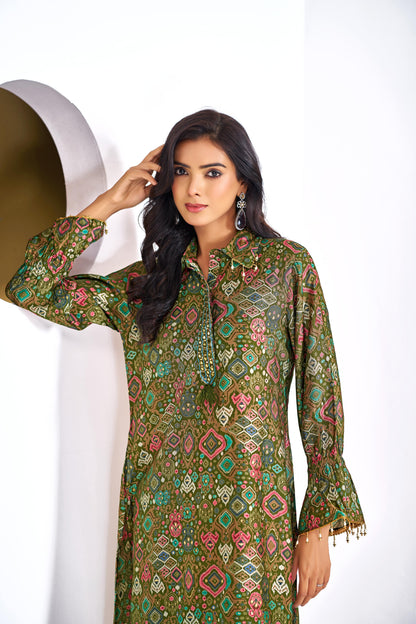 Pratiksha Olive Printed Modal Chanderi Co-Ord Set with Hand Embellished Mirror Placket and Pearl Drop Latkan Detailing