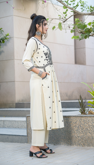 Meenaxi Beige Viscose Kurta Set with Mughal-Inspired Embroidery Work