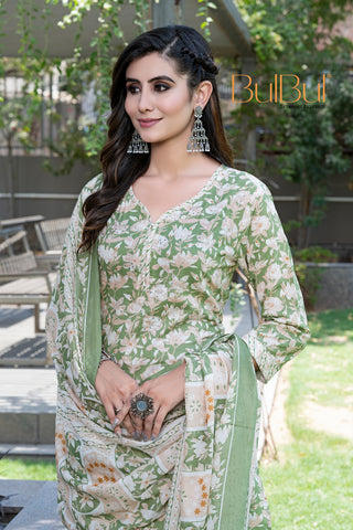 Pure Cotton Green Printed Kurta Set with Floral Sequin Highlights & Dupatta