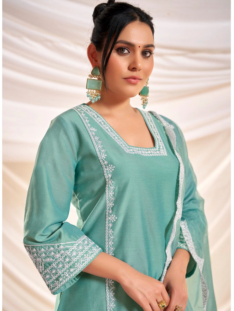 Kayra Aqua Hand Aari Embroidered A-Line Suit Set in Chinnon Silk with Pure Cotton Mul Lining