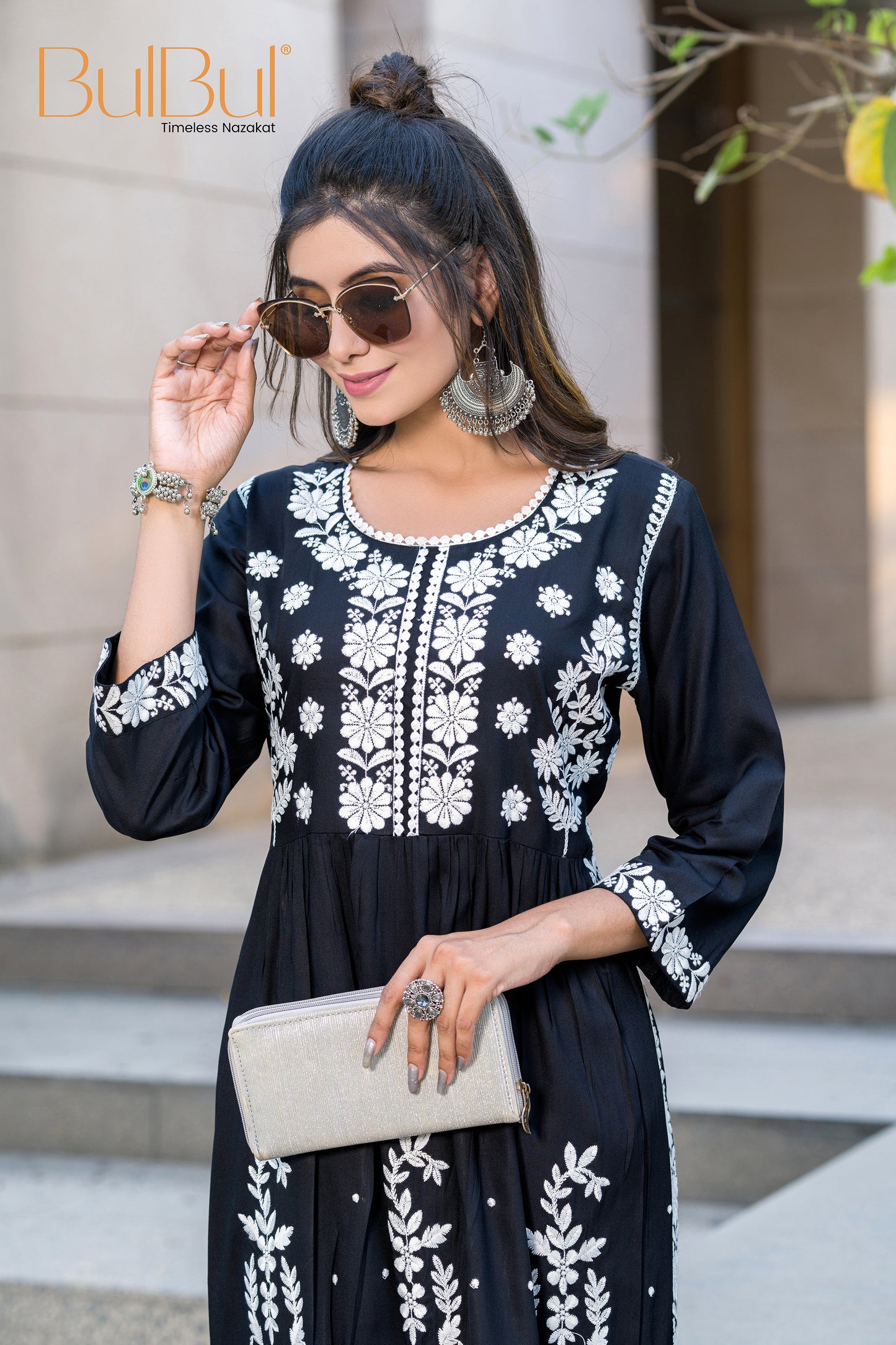 Arushi Black Rayon Kurta Set with Lucknawi Work