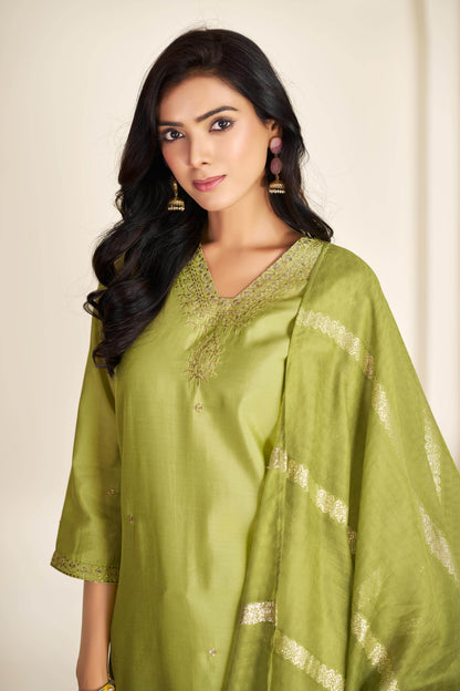 Nakshatra Green Silk Kurta Set with Dupatta - BulBul